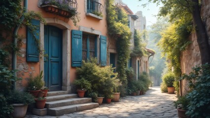 Fototapeta premium Charming Italian Village Street with Stone Houses and Green Shutters