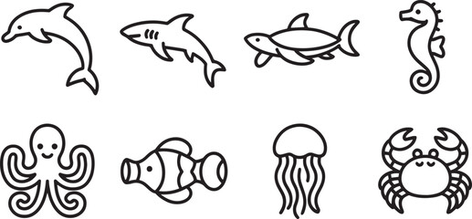 Oceanic Outlines A Collection of Marine Life Icons Featuring Dolphin Shark Fish Seahorse Octopus Jellyfish