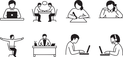 Office Worker Line Art Collection Simple Business Graphic Design Element Isolated on Transparent Background