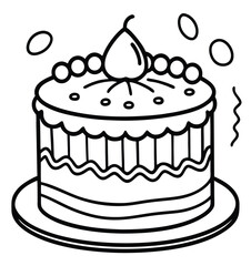 A vector illustration of a sweet chocolate birthday cake decorated with candles, cherries, and cream on a plate