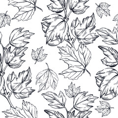 Seamless vector pattern from leaves and branches of viburnum. All objects are hand-drawn with ink. The illustration is suitable for printing on paper, fabric, home textile. Vector illustration