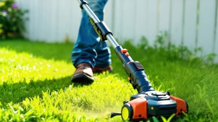 Person mowing lawn with cordless trimmer