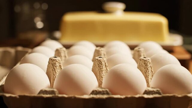 Fresh eggs in carton with butter block in warm kitchen light