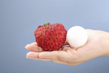 Fresh Lychee Fruit in Hand - Tropical Exotic Fruit with Red Skin and White Flesh