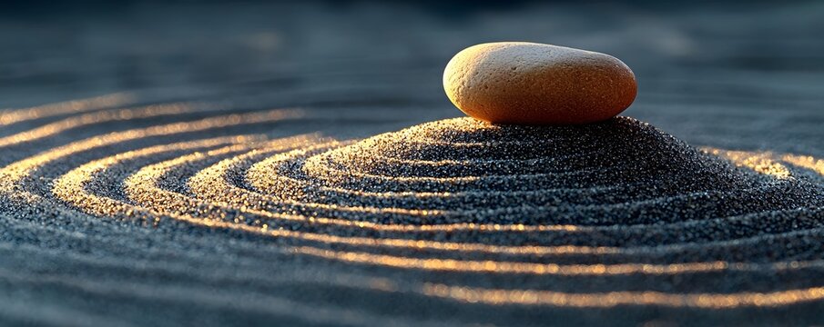 Fototapeta A single smooth stone rests atop a miniature Zen garden mound with elegantly raked sand patterns illuminated by warm light