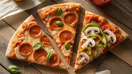 Delicious pizza slices with pepperoni mushroom and cheese on wooden table