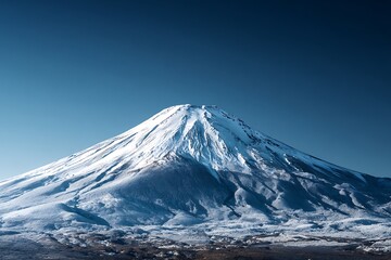 Majestic Mount Fuji covered in fresh snow against a stunning clear blue sky, a symbol of resilience and natural beauty in Japan, perfect for travel inspiration