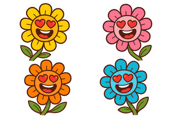 Set of cute cartoon flower characters in love. Mascot collection with heart eyes emoji. Cheerful smiling flowers expressing romance and happiness. Vector for valentine's day.