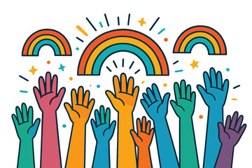 Colorful hands raised with rainbow. Symbol of unity, diversity, and community. Concept of pride, lgbtq+, social group, volunteering, teamwork and togetherness. Vector.