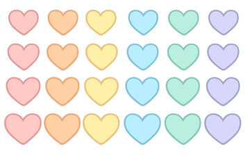 Collection of colorful heart shapes in soft pastel tones. Cute cartoon vector illustration set for backgrounds, patterns or stickers. Rainbow love symbols for Valentine's day.