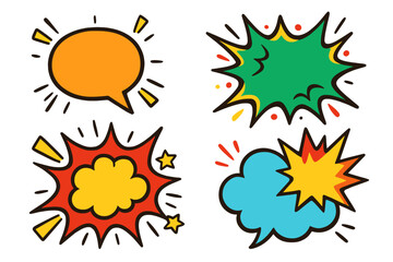 Set of colorful comic speech bubbles. Cartoon vector for communication, surprise and excitement. Pop art style empty boom, pow, wow text balloons, chat clouds and bursts.