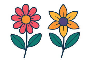 Two colorful flowers vector flat illustration. Minimalist cartoon design with vibrant petals and leaves. Floral icon set for spring, summer, nature, and garden concepts.