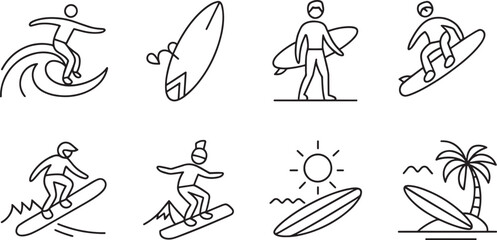 Surfing Adventure Line Art Icon Set A Collection of Surfers Riding Waves and Beach Lifestyle Elements