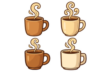 Coffee mug and tea cup vector icon set. Cartoon illustration of different hot steaming drinks. Cozy morning beverage for breakfast, cafe menu. Isolated espresso, cappuccino.
