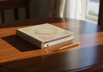 Wedding guest book with elegant gold pattern and simple pen on a polished table - the moment before the celebration begins
