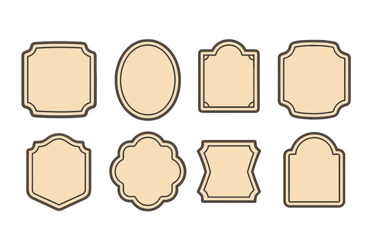 Set of vintage frames and retro labels for packaging. Decorative elegant borders and classic signage elements. Minimalist flat vector design for branding, tags, and cards.