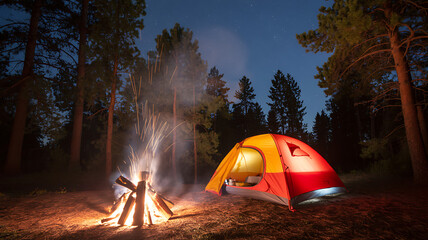Camping tent with campfire in forest under night sky
