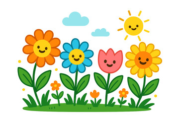 Happy cartoon flowers characters in spring garden. Cheerful smiling flower faces and cute sun emoji. Flat vector illustration for kids. Summer nature meadow background.