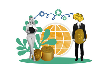 Composite photo collage of two business partners girl guy instead head brain gearwheel coin profit...