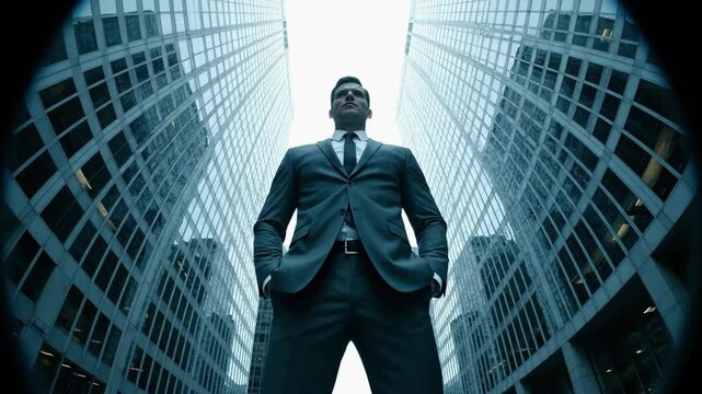 Confident businessman standing amidst skyscrapers: urban power and ambition - Powered by Adobe