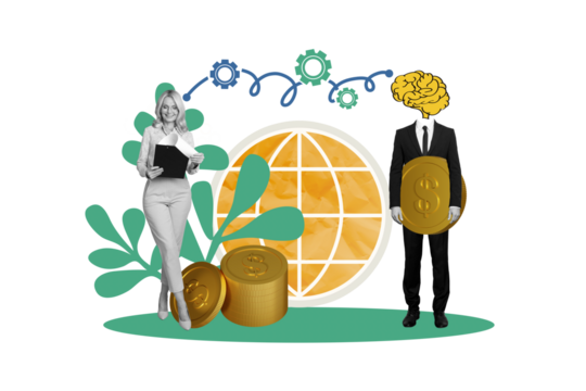 Composite photo collage of two business partners girl guy instead head brain gearwheel coin profit web sign isolated on painted background