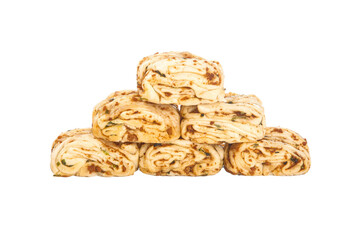 Handmade Savory Herb Pastry Rolls with Scallion and Spices Stacked on White Background