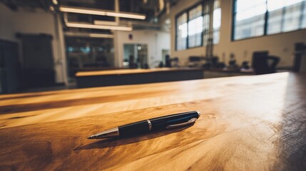 instrument. A single pen lying on a wooden desk with blurred background, professional workspace vibe. pitch deck slides, case study pages, designed for brand storytelling and e-commerce strategy.