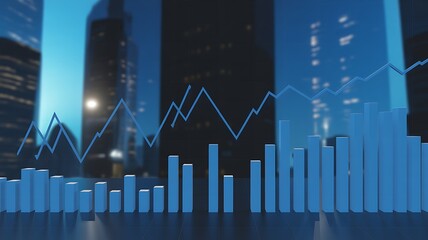 Financial data visualization showing upward trend and bar graphs in front of a cityscape background