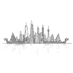 Obraz premium Hong kong skyline cityscape vector illustration with dragon boats and skyscraper architecture design drawing art