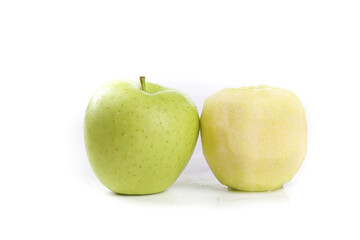 Fresh Green and Yellow Wanglin Apples from Dalian Import Market Showcase on White Background
