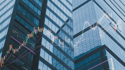 Financial growth and trading concept with a modern city building and stock market charts overlay