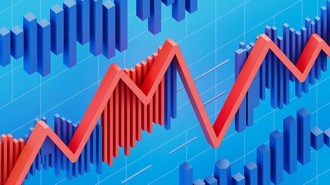 Financial growth chart represented by a dynamic red line on blue with 3d columns illustrating data