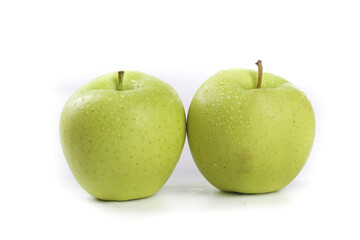 Two Fresh Green Apples with Water Drops on White Background