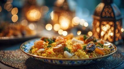 paella. Golden-edged paella on porcelain, saffron rice and seafood arranged with artistic precision. inspires cooking, menu design, designed for food delivery and cloud-kitchen brand materials.