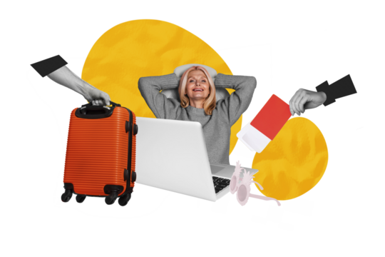 Composite photo collage of old woman sit chair book tickets macbook device prepare suitcase summer trip isolated on painted background