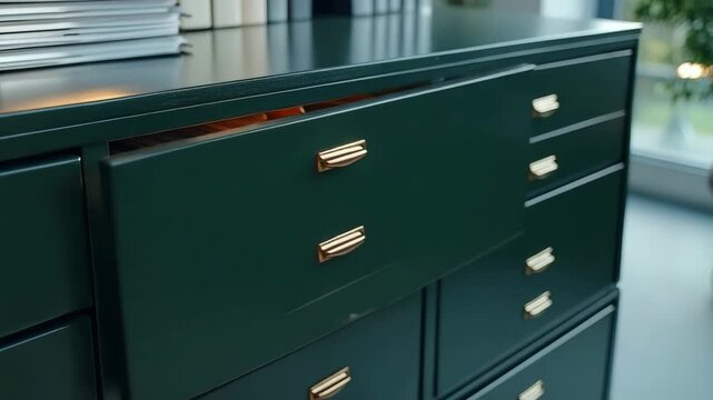 Organized office desk with a green drawer open revealing neatly arranged files and folders during daylight