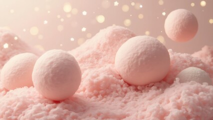Pink snowballs on snowy ground with bokeh lights, winter, indoors