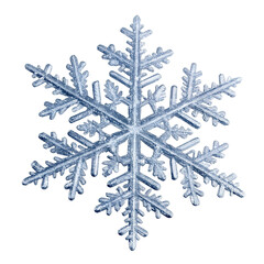 A single, detailed, blue snowflake isolated on a transparent background, showcasing its intricate crystalline structure