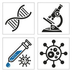 Science icons: DNA, microscope, test tube, and virus.