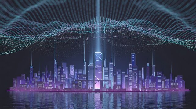 Futuristic cityscape illuminated with digital waves reflecting in tranquil water displaying technological advancement