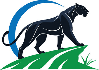Panther Silhouette Standing on Rock with Blue Crescent Moon Illustration