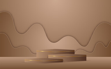 Brown podium with brown Paper cut on the back for product presentation. Display of cosmetic products. Stage or podium. vector illustration	