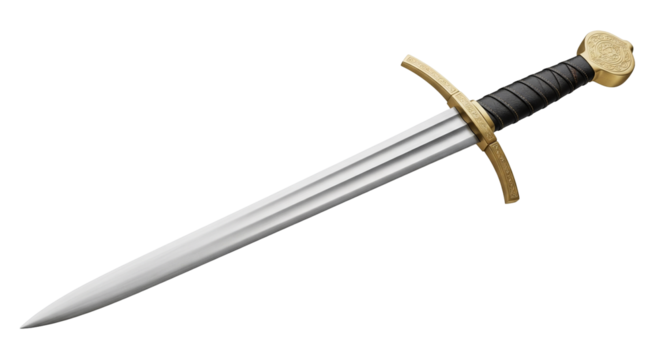 Elegant medieval longsword with polished brass fittings and a slender steel blade isolated on a transparent background