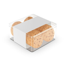 Blank cookie packaging mockups featuring chocolate chip cookies in modern containers. Mockup template. 3D render illustration.