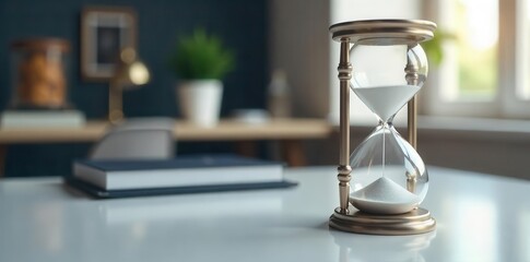 A sleek silver hourglass stands on a clean desk, symbolizing productivity and time management , timer, office