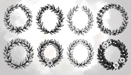 Obraz premium Eight Hand-Drawn Floral Wreaths: Black and White Botanical Illustrations