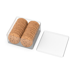 Blank cookie packaging mockups featuring chocolate chip cookies in modern containers. Mockup template. 3D render illustration.