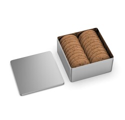 Blank cookie packaging mockups featuring chocolate chip cookies in modern containers. Mockup template. 3D render illustration.