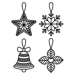 Crochet Christmas ornament with handmade star, snowflake, and bell in black and white vector illustration design element
