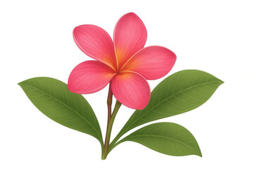 Realistic illustration of a pink frangipani flower with green leaves, isolated on a transparent background, perfect for summer and tropical designs